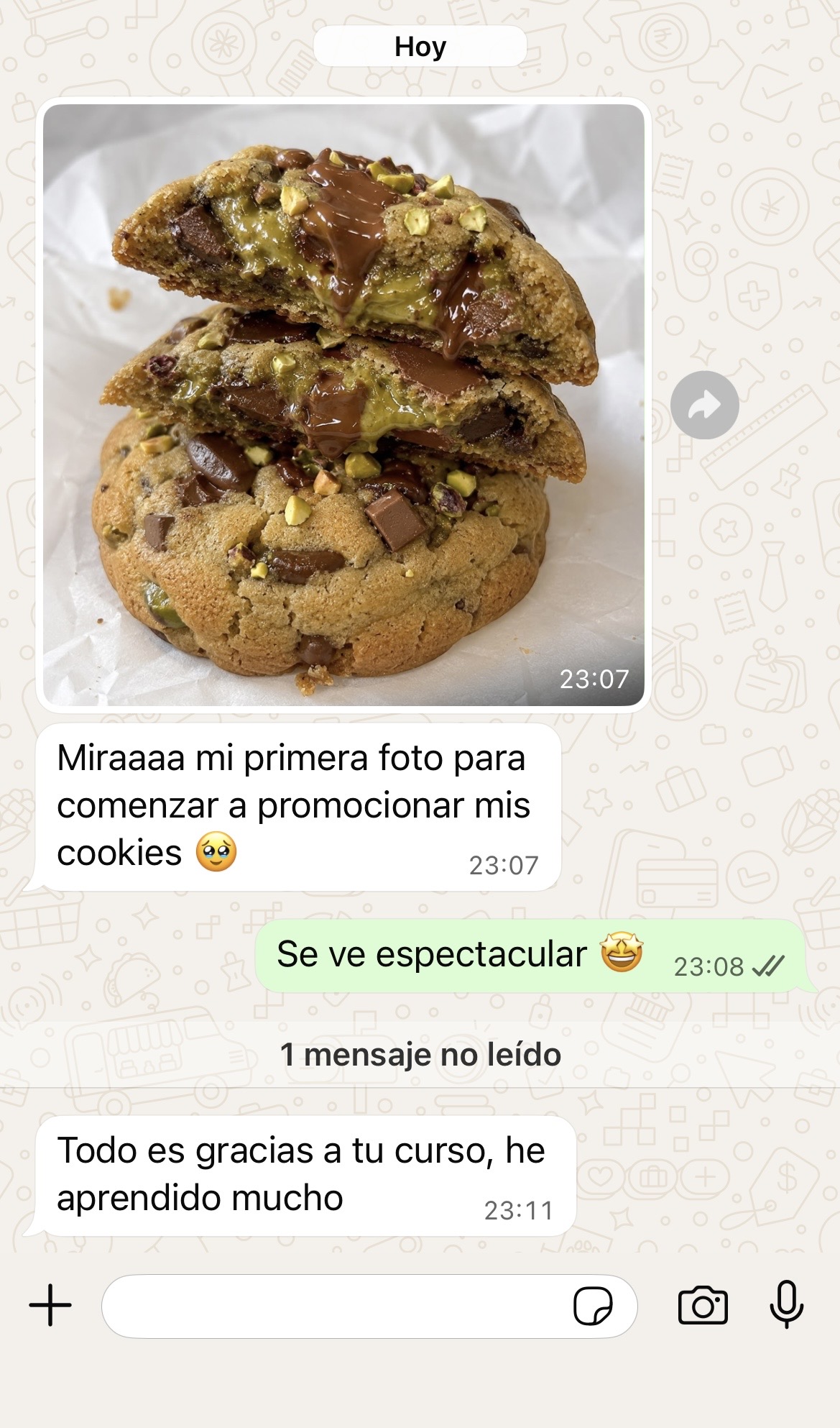 Captura real de WhatsApp de una alumna del curso