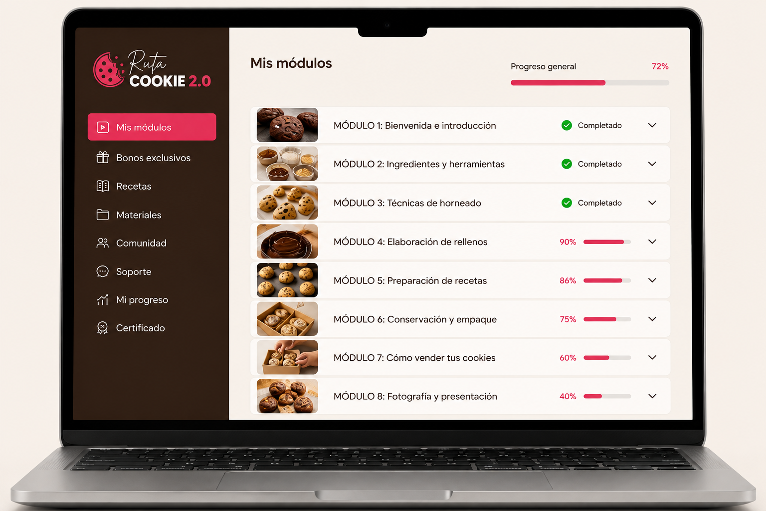 Plataforma del curso Ruta Cookie 2.0 con los módulos y el progreso de cada clase